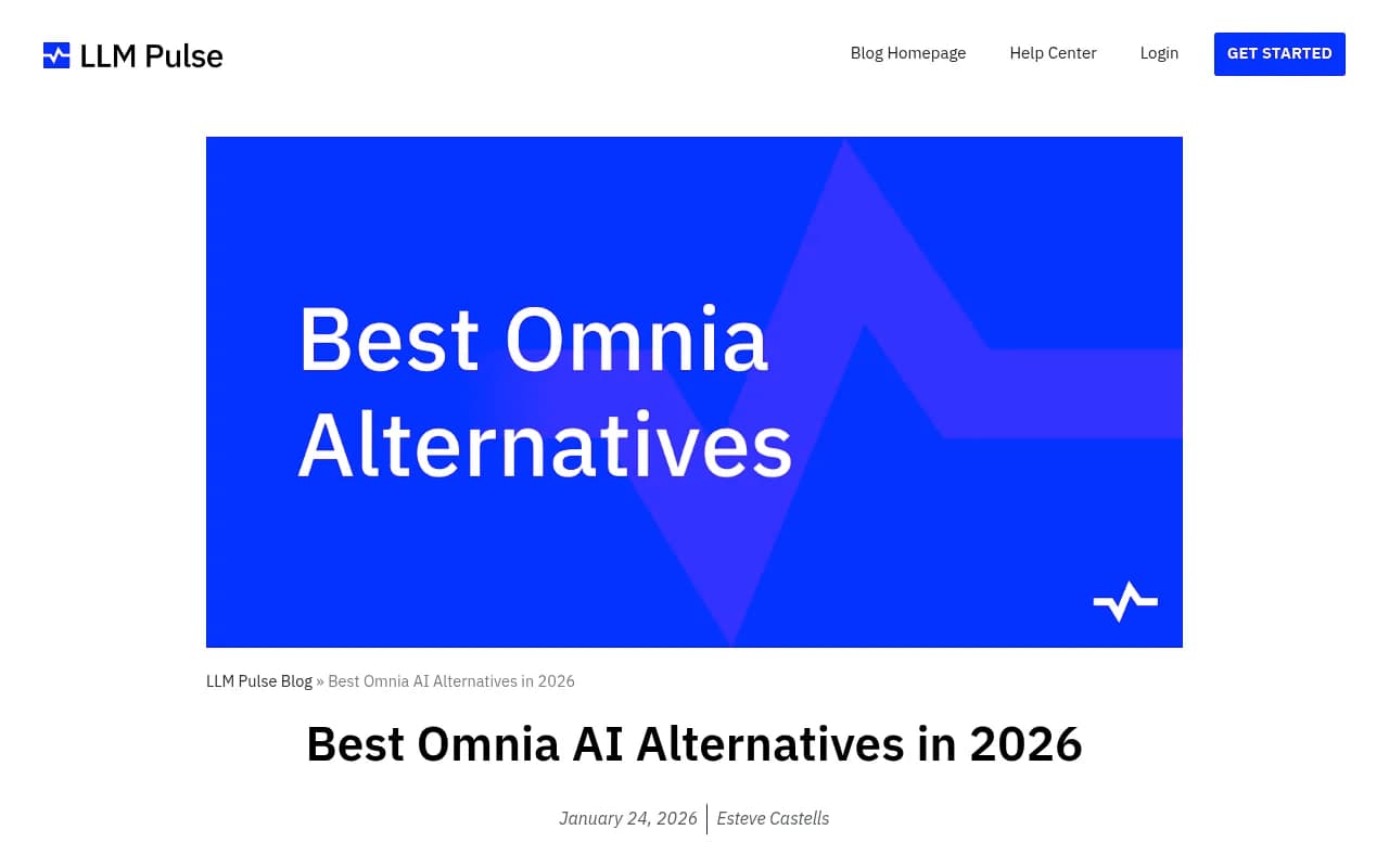 LLM Pulse's breakdown of Omnia alternatives, showing feature gaps and cost-per-prompt comparisons
