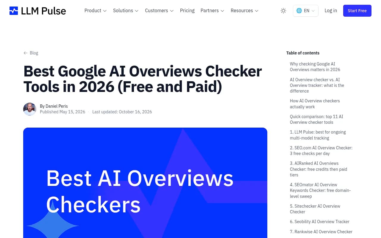 LLM Pulse's guide splitting AI Overview checkers into free and paid tools