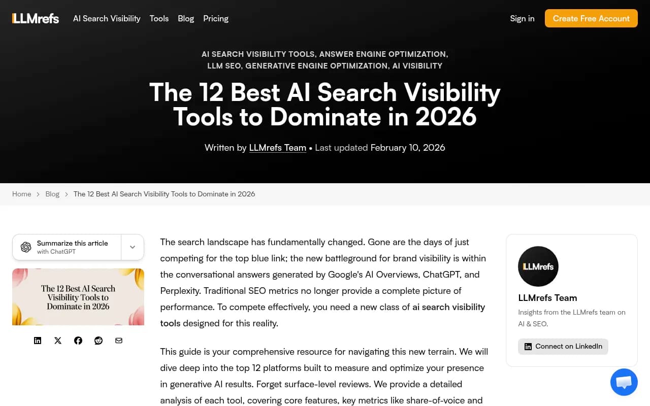LLMrefs dashboard showing share-of-voice and citation metrics across AI search platforms