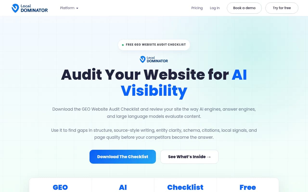 Local Dominator GEO website audit checklist preview with yes/no audit items