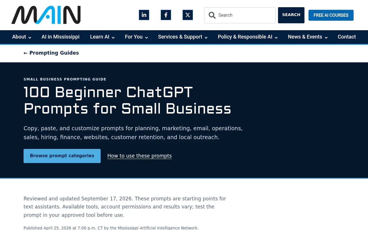 The Mississippi AI Network's beginner prompt list for small business, useful as a model for how to structure placeholders and review steps