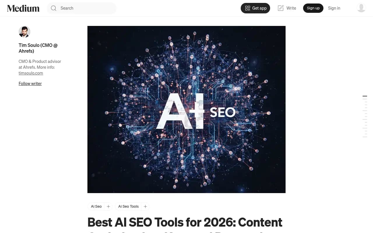 Tim Soulo's Medium article on AI SEO tools for 2026, splitting tools into AI-assisted SEO and AI visibility tracking