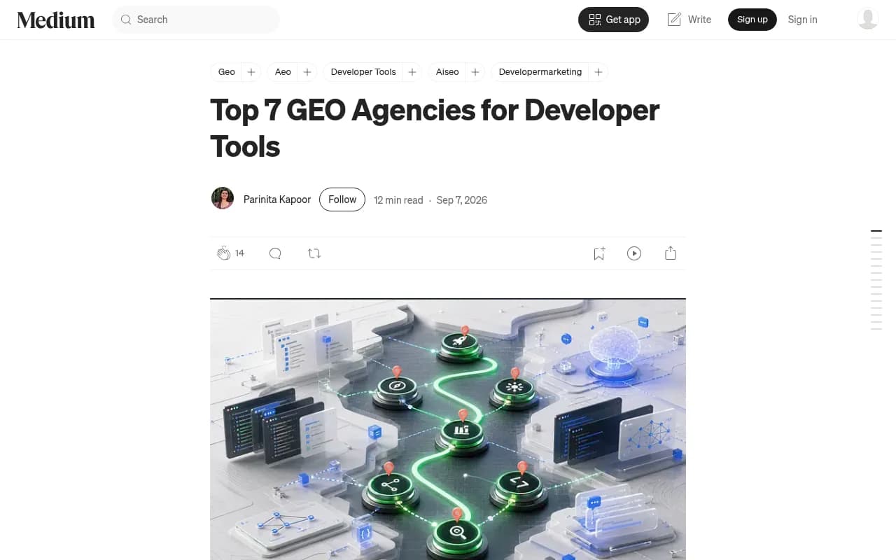 Medium article listing GEO agencies for developer tools