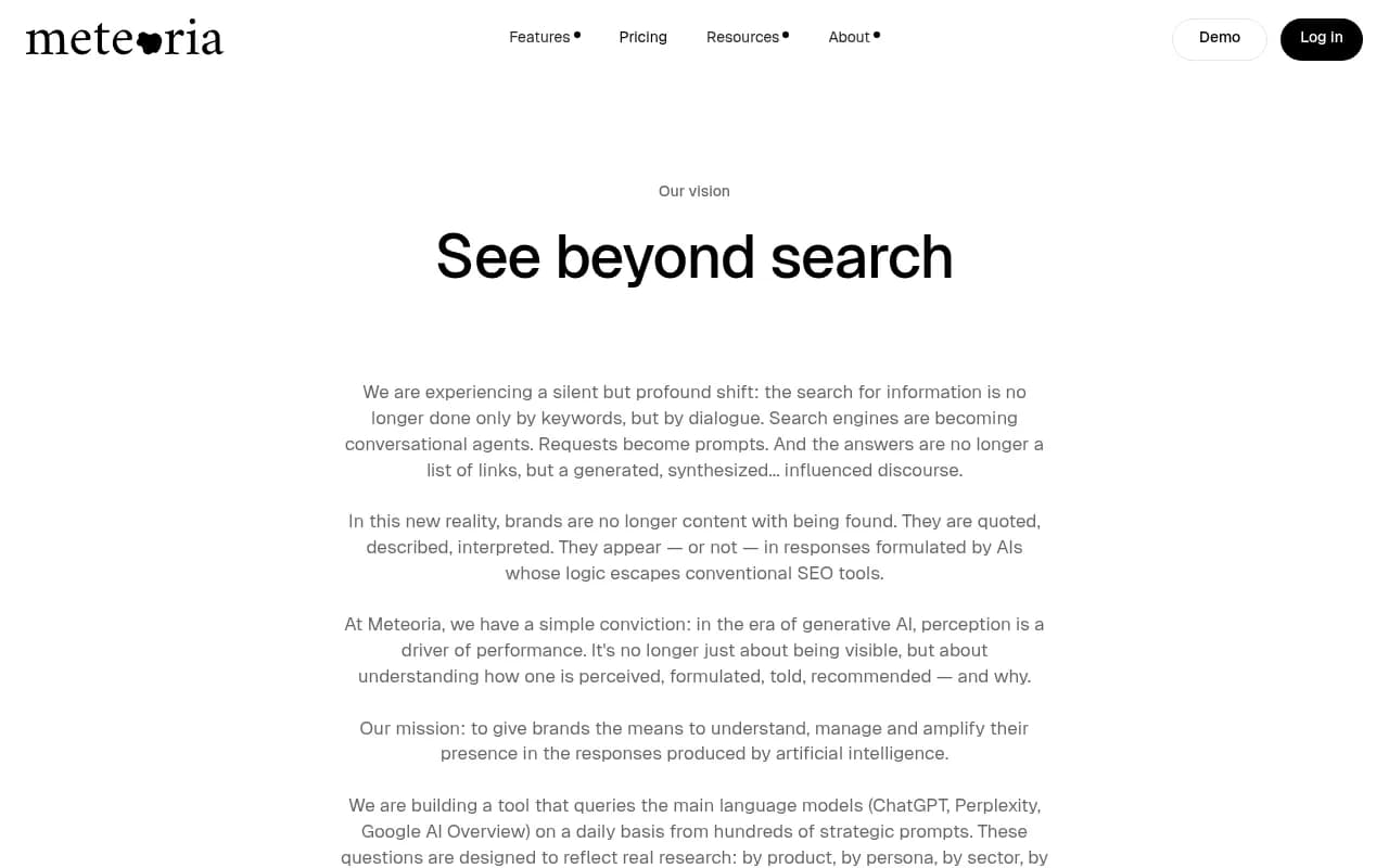 Meteoria.ai vision page showing their approach to AI brand visibility monitoring