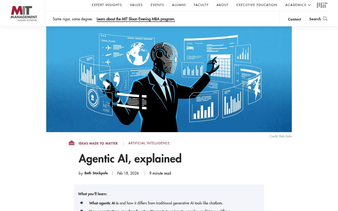 MIT Sloan's explainer on agentic AI, describing agents that plan and act across multi-step workflows