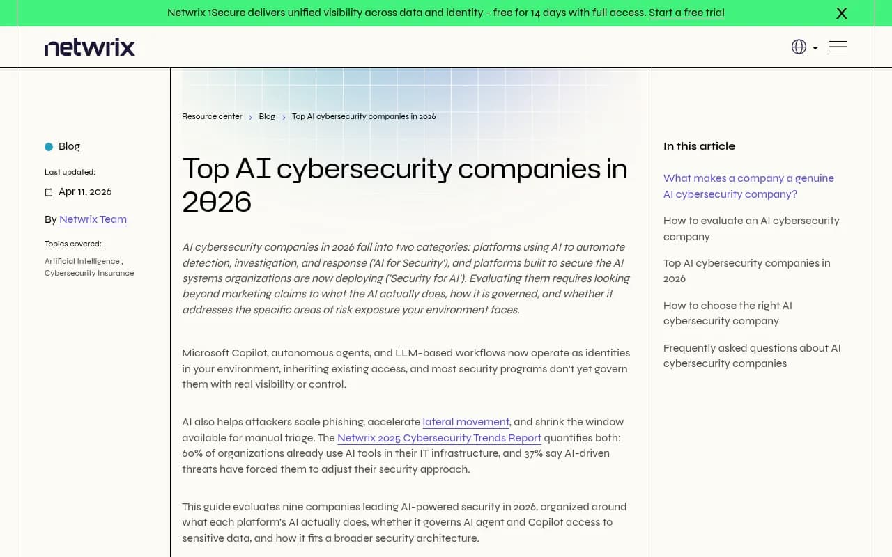 Netwrix guide to top AI cybersecurity companies in 2026, showing the AI-for-security versus security-for-AI split