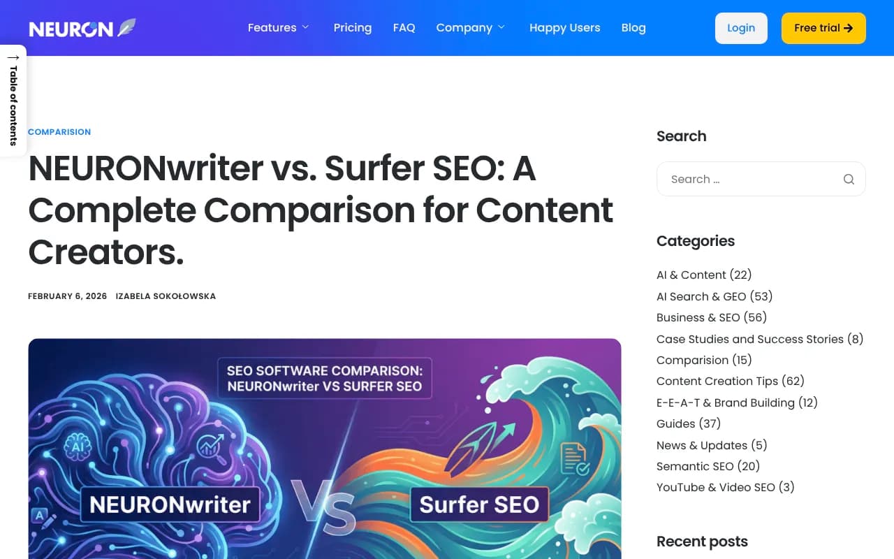 NeuronWriter's own comparison article against Surfer SEO