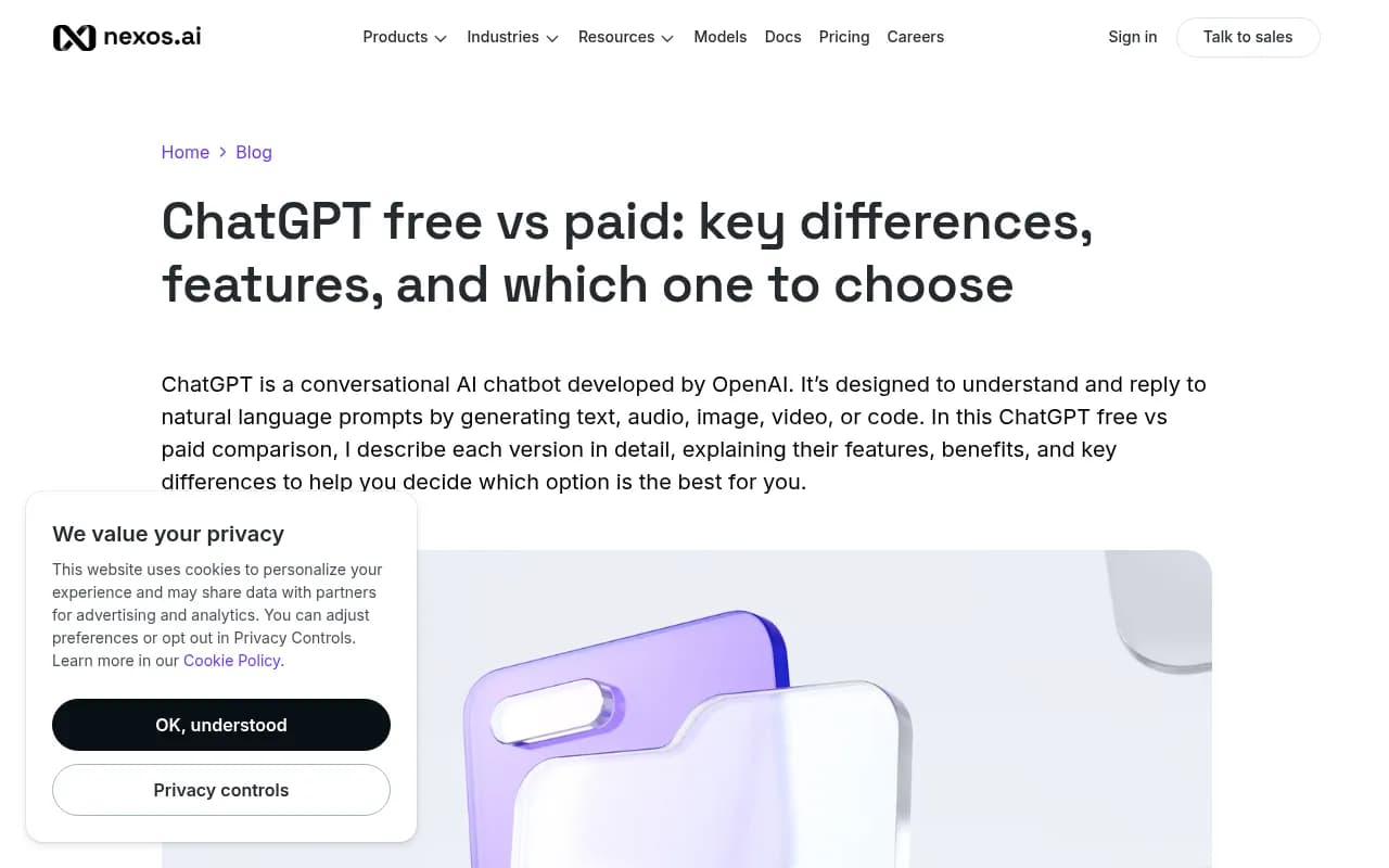 nexos.ai comparison of ChatGPT Free and Plus plans, which covers the consumer subscription rather than citation trackers