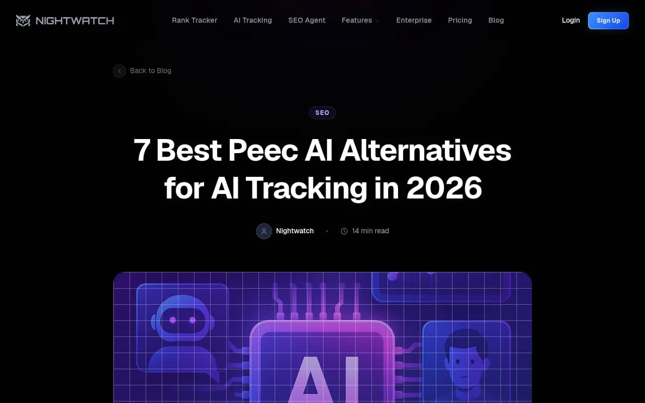 Nightwatch blog post on Peec AI alternatives, showing their AI tracking positioning