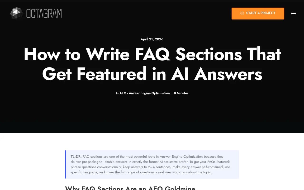The Octagram guide on writing FAQ sections for AI answers, covering sourcing real questions and answer length