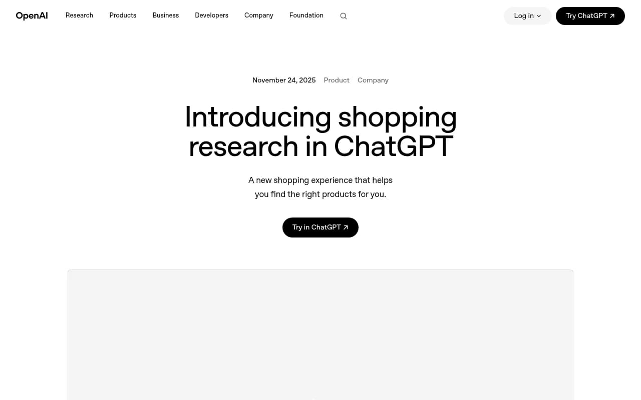 ChatGPT Shopping Research feature on OpenAI's official product page