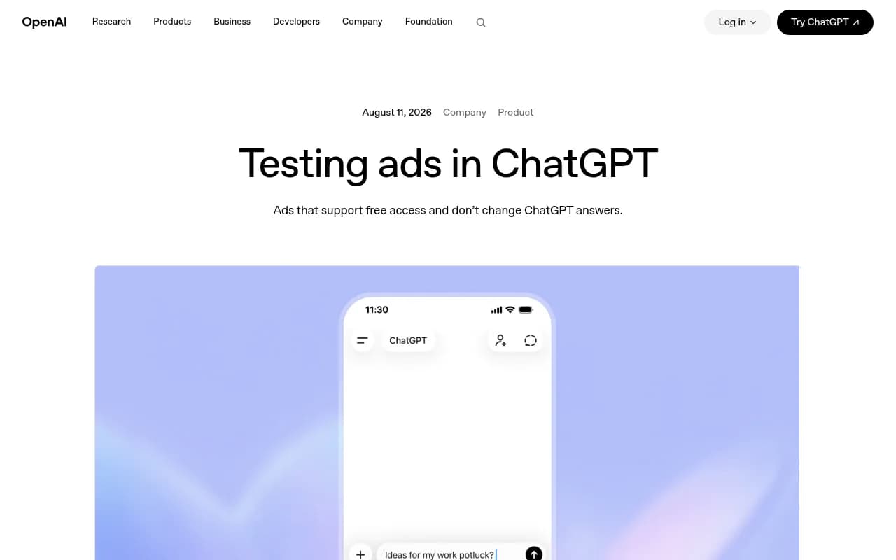 OpenAI's announcement page for testing ads in ChatGPT, showing the rollout timeline and ad principles