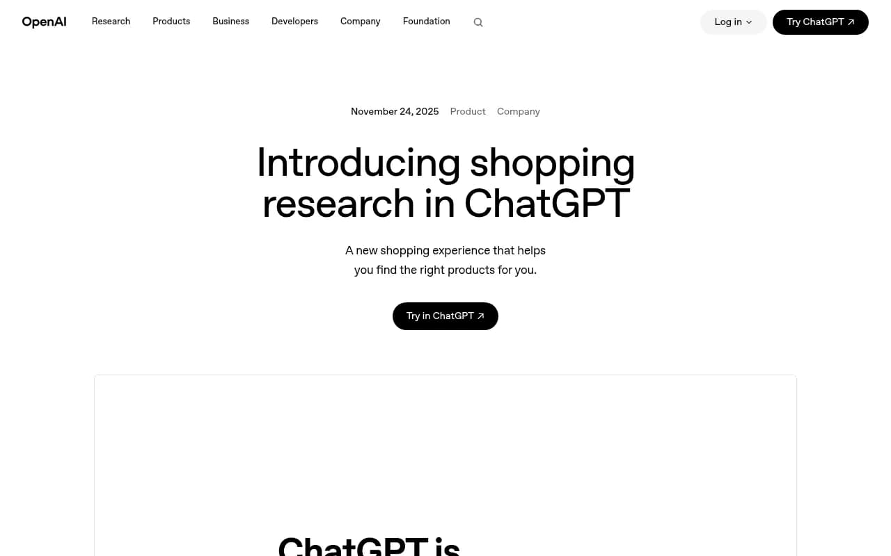 OpenAI's announcement of Shopping Research in ChatGPT, showing the new product comparison experience