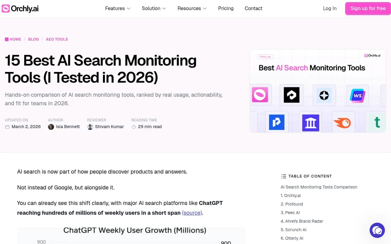 Orchly.ai's 2026 roundup of 15 AI search monitoring tools, showing hands-on comparison ranked by actionability and fit for teams
