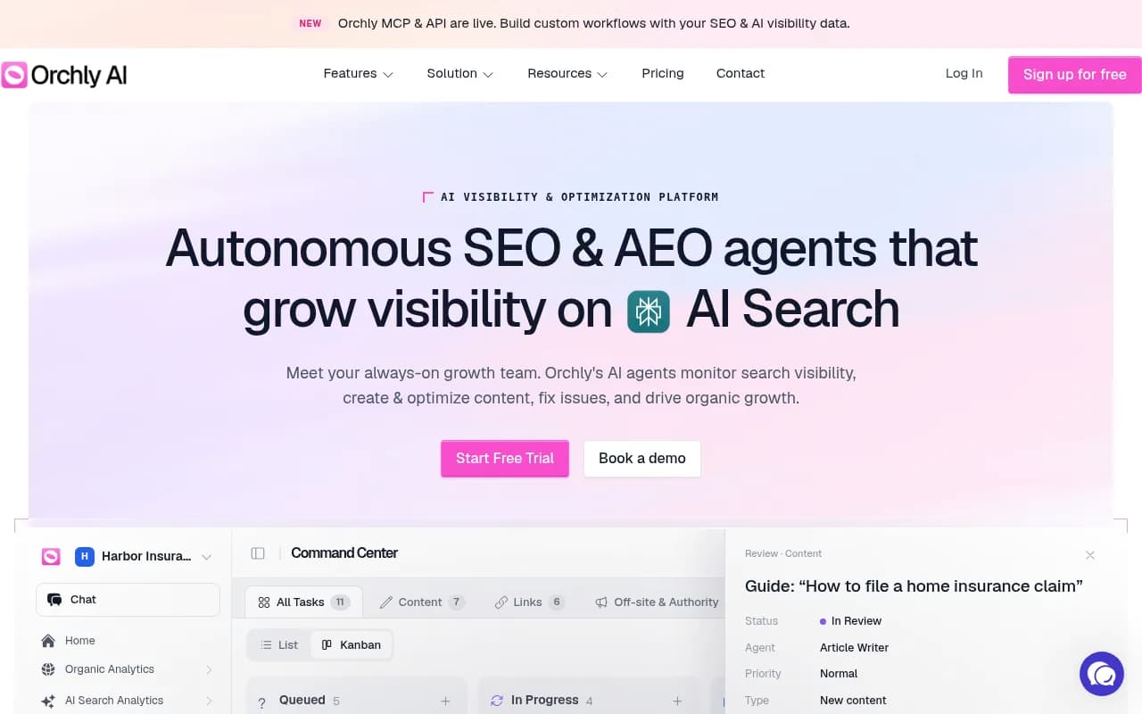 Orchly's agent command center showing queued tasks from Article Writer, Link Agent, Reddit Agent, and Technical SEO agents