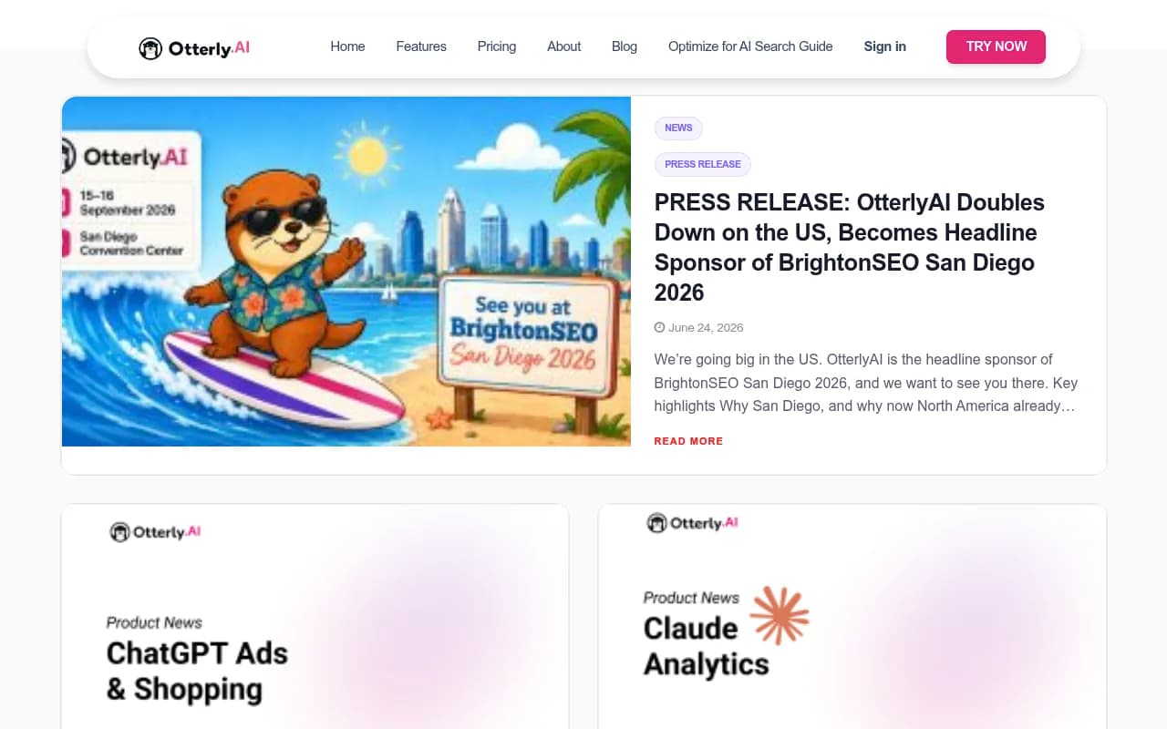 Otterly.AI blog showing recent updates including ChatGPT Ads tracking and Claude support