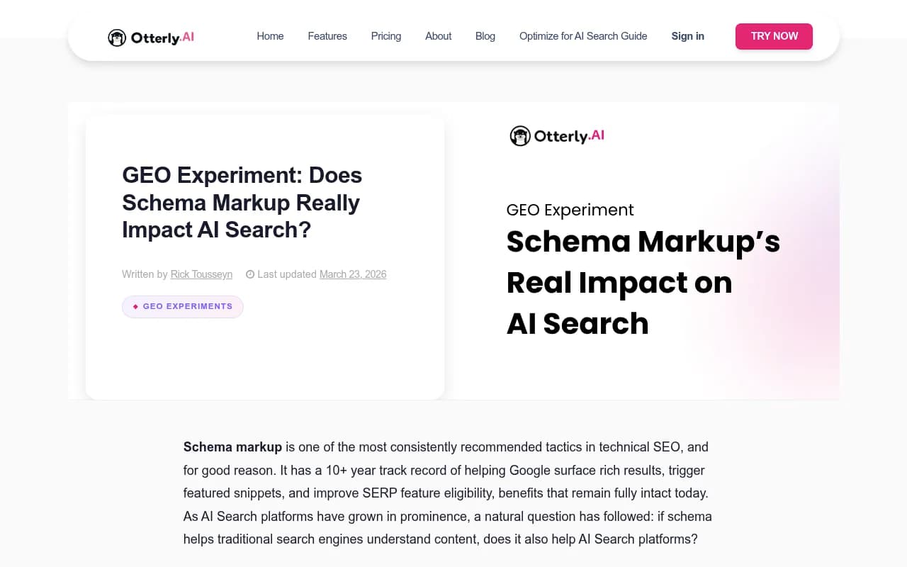 Screenshot of OtterlyAI's schema markup experiment article, which tested whether AI search platforms can actually read structured data