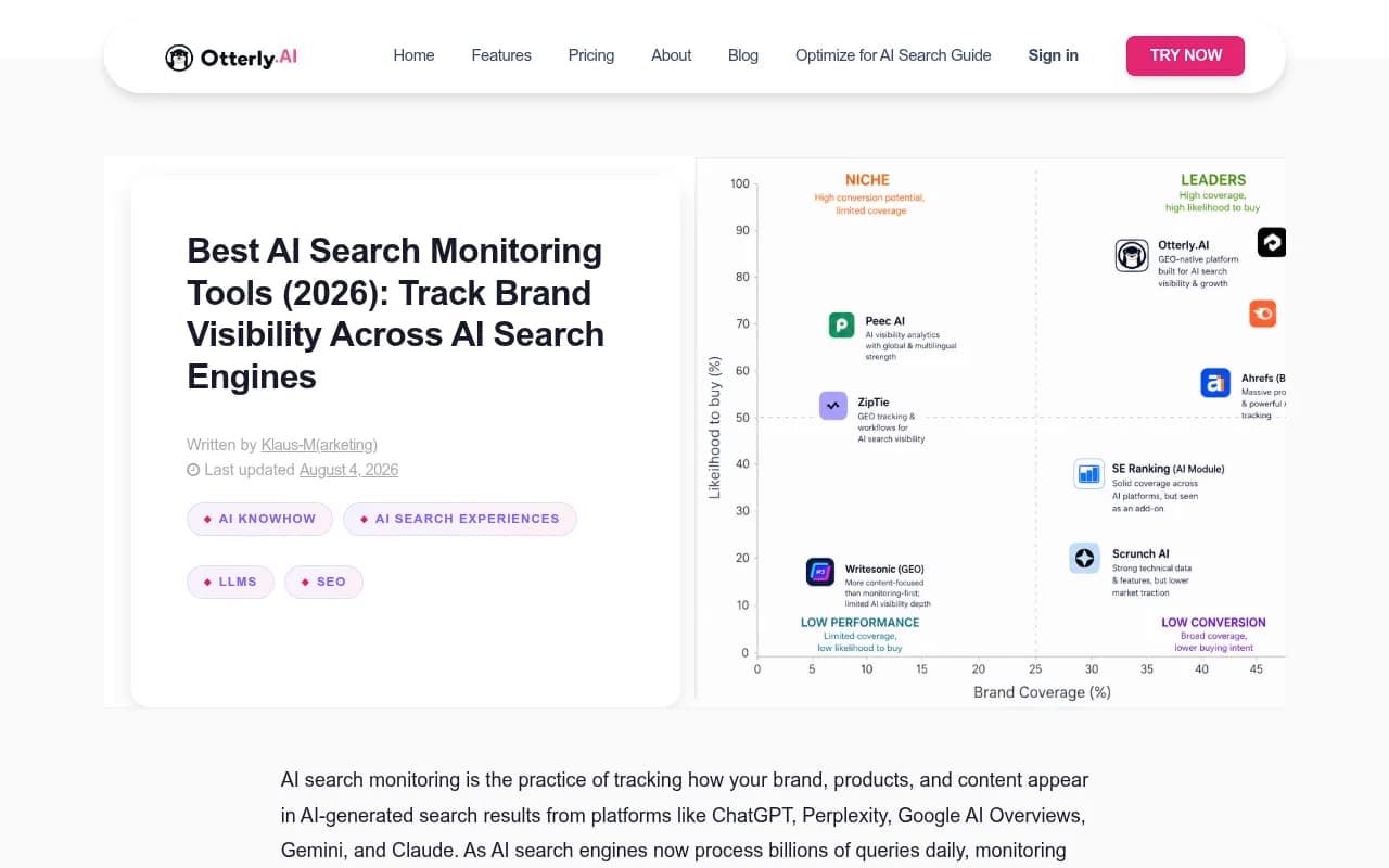 Otterly.AI's 2026 roundup comparing 12 AI search monitoring tools by engine coverage, country tracking, and pricing