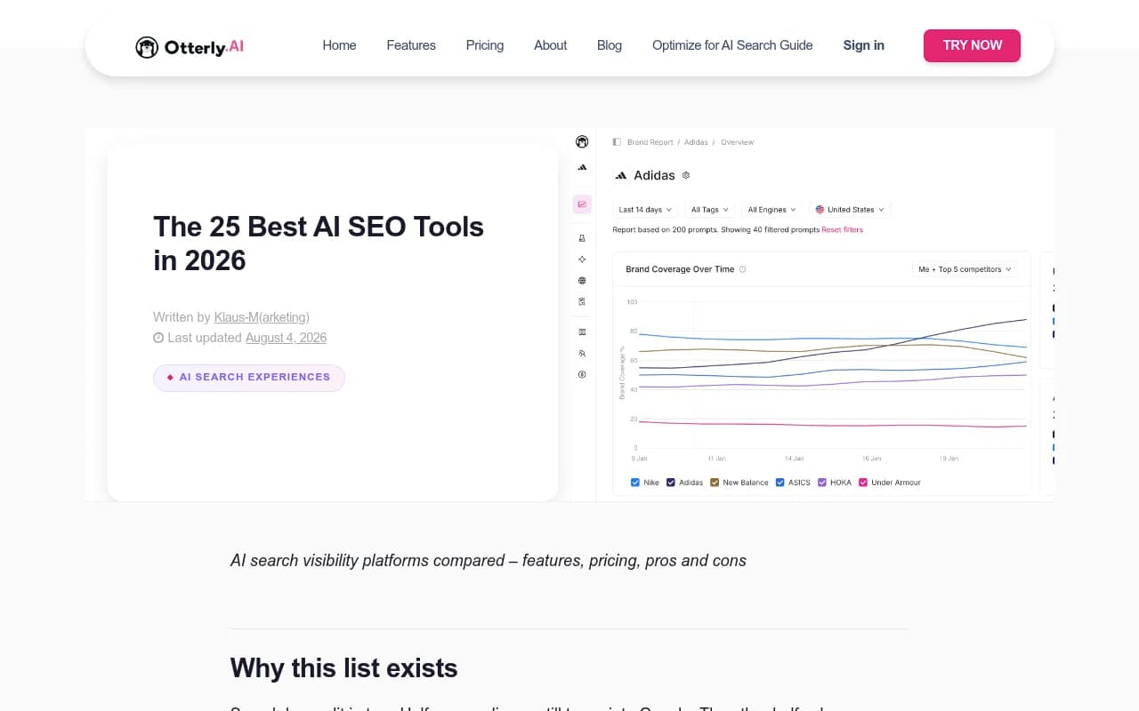 Otterly's roundup of 25 AI SEO tools, with a comparison table of engines, pricing, and differentiators