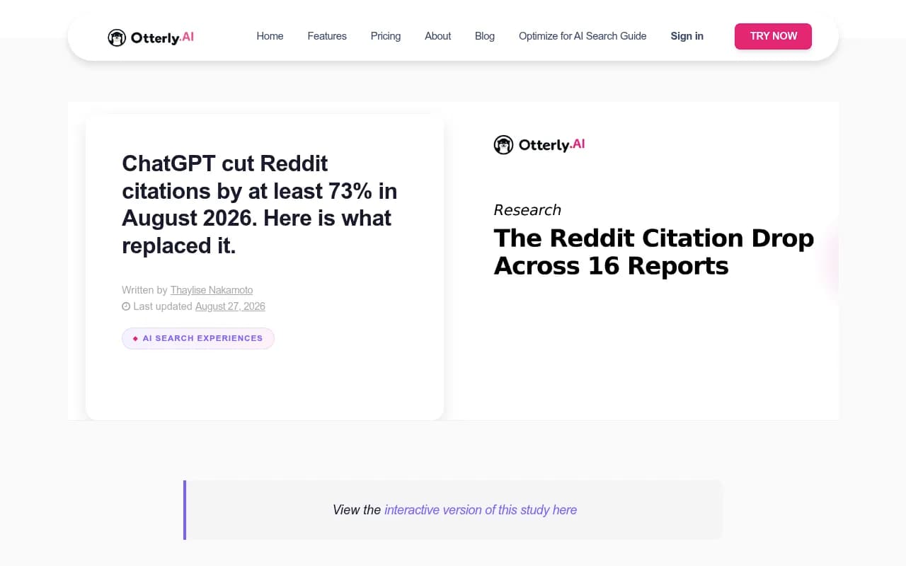 Otterly.AI study showing reddit.com citations in ChatGPT falling while other engines stayed flat