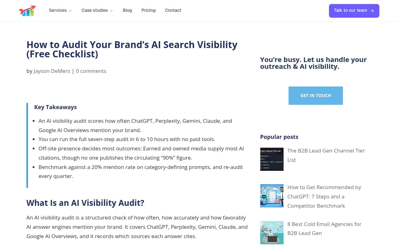 OutreachBloom's AI visibility audit checklist page
