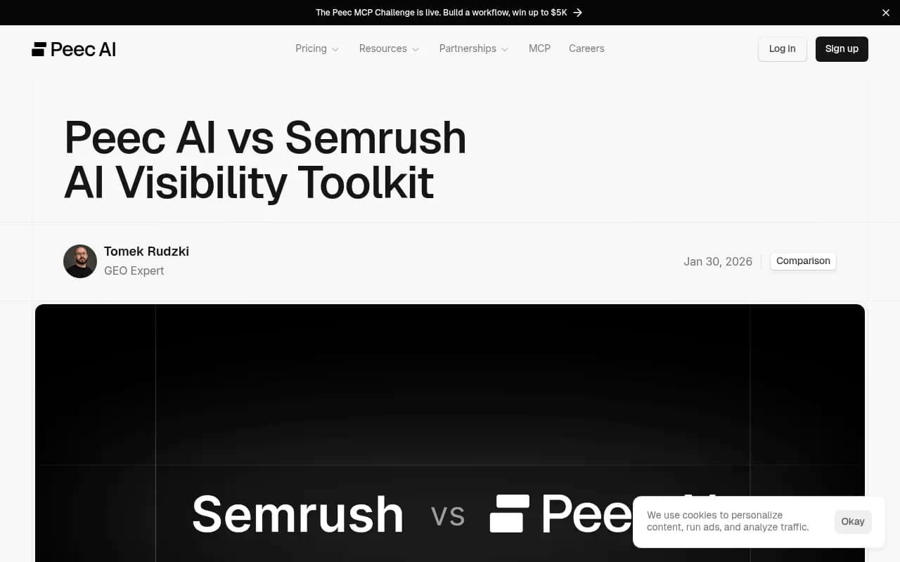 Peec AI vs Semrush comparison page showing feature breakdown for AI search analytics