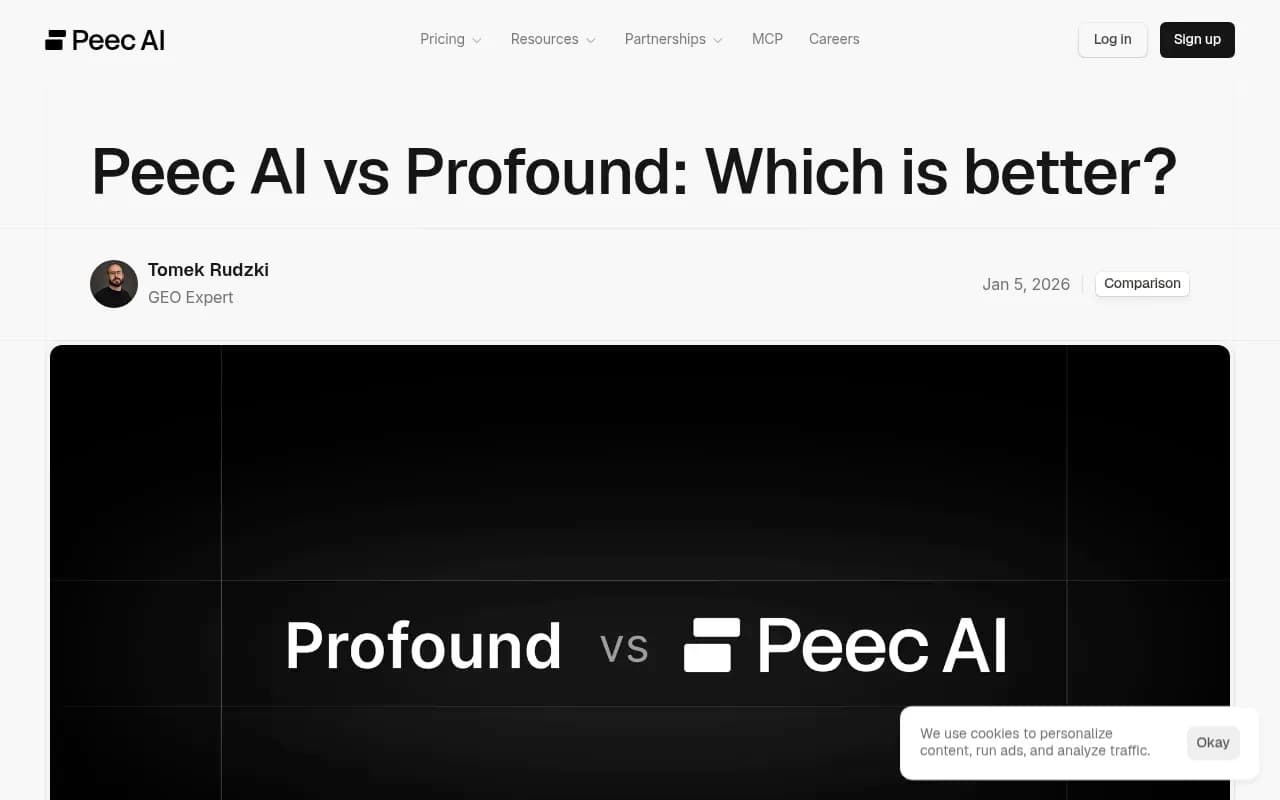Peec AI comparison page showing feature breakdown against Profound
