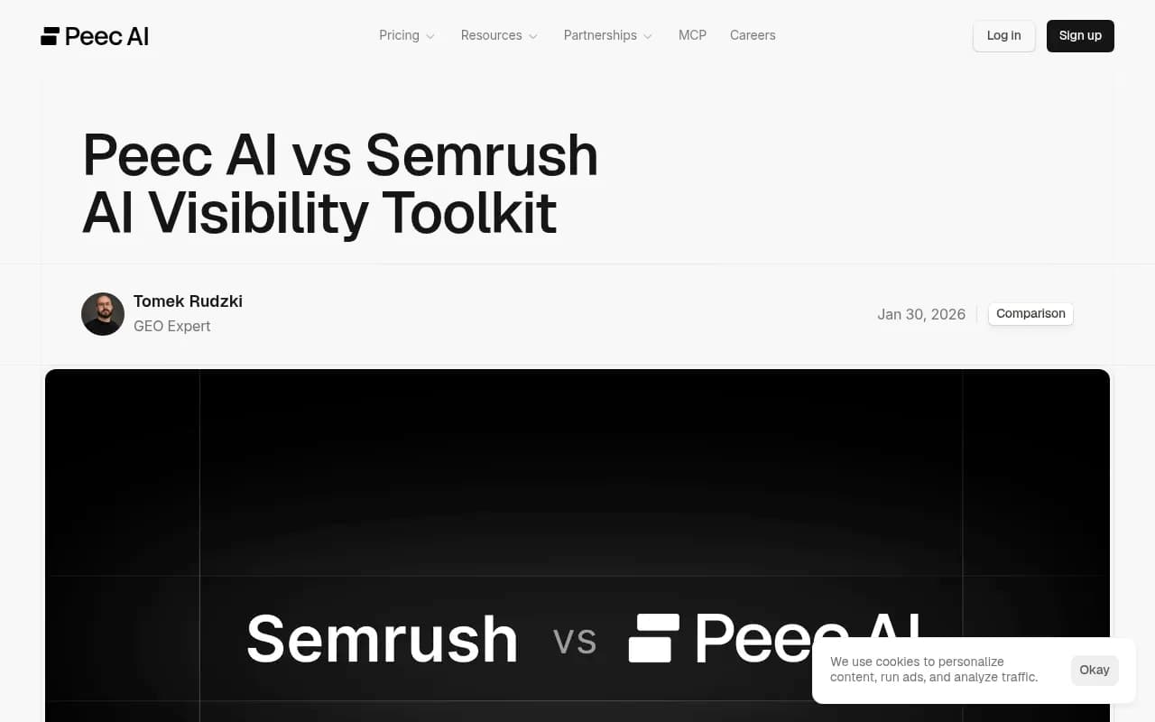 Peec AI comparison page showing AI search analytics features