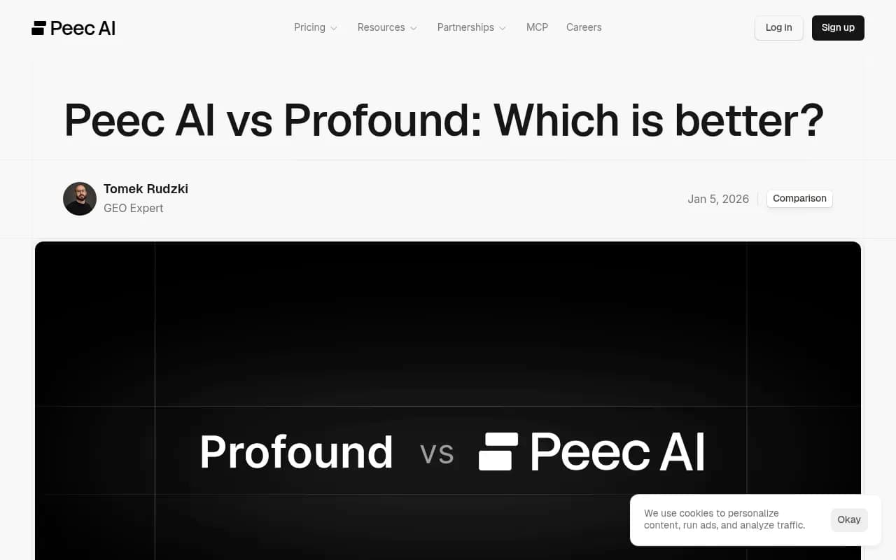 Peec.ai vs Profound comparison page showing feature breakdown and pricing tiers