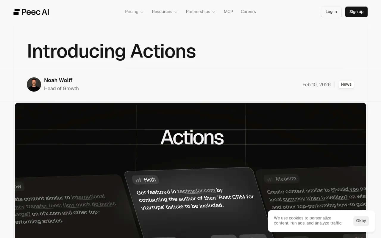 Peec.ai's Actions feature blog post, showing the team's acknowledgment that visibility data alone isn't enough for content teams