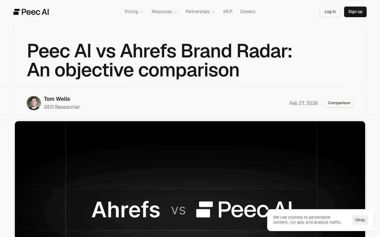 Peec AI's comparison page showing their approach vs Ahrefs Brand Radar, illustrating the custom prompt vs static dataset tradeoff
