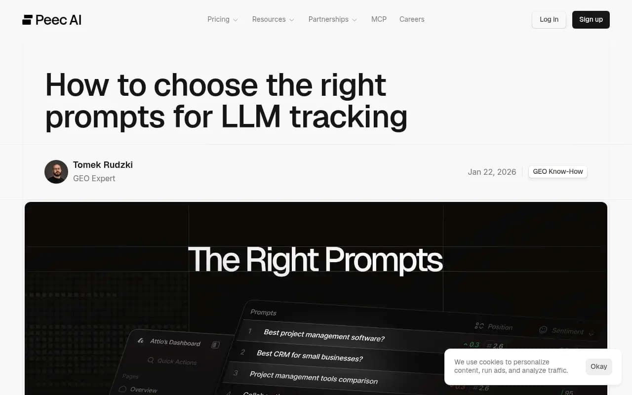 Peec AI's guide to choosing the right prompts for LLM tracking, showing their customer journey framework