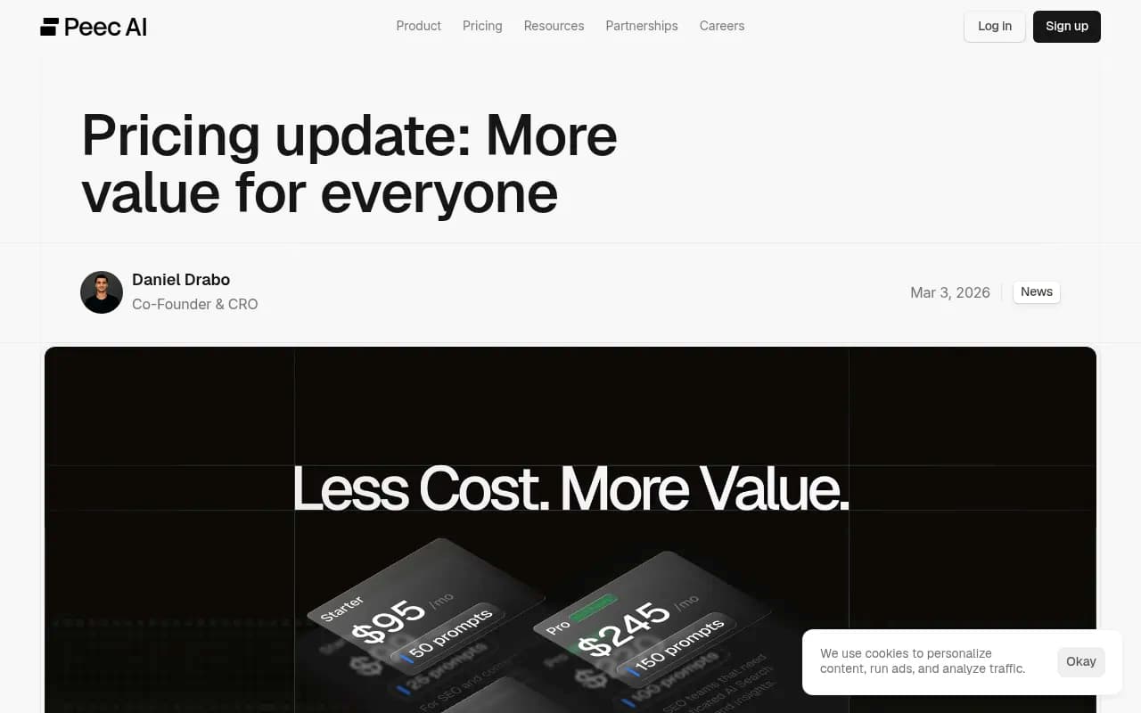 Peec AI pricing update blog post announcing changes to their pricing model