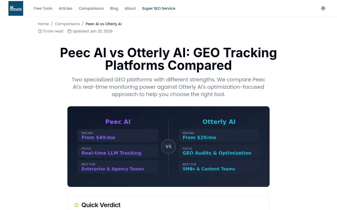 Peec AI vs Otterly AI comparison breakdown from PikaSEO