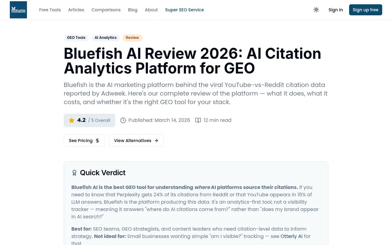 PikaSEO's Bluefish AI review, one of several third-party sites publishing specific pricing tiers that conflict with Bluefish's actual quote-only sales motion
