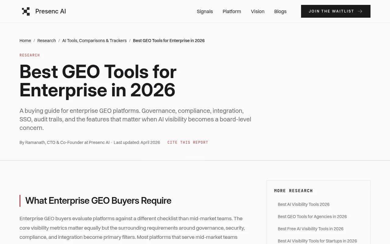 Presenc AI's enterprise GEO buying guide, with an enterprise buyer's checklist covering SSO, SCIM, audit logs and data residency