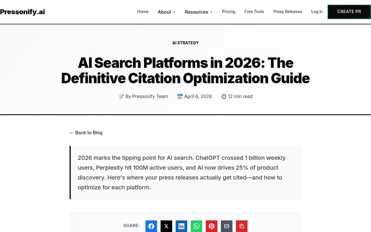 AI search platform comparison 2026 - citation optimization guide from Pressonify showing market share data for ChatGPT, Perplexity, and Google AI