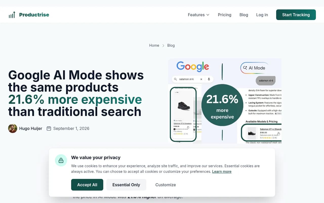 Productrise data study comparing prices in Google AI Mode and traditional search