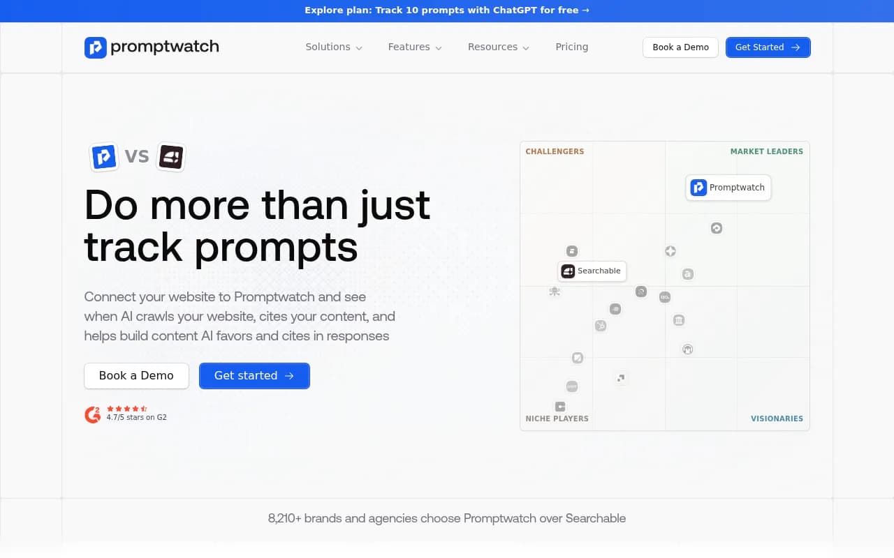 Promptwatch vs Searchable platform comparison showing feature categories including Prompt Intelligence, Attribution, Discovery Channels, and Optimization Workflows