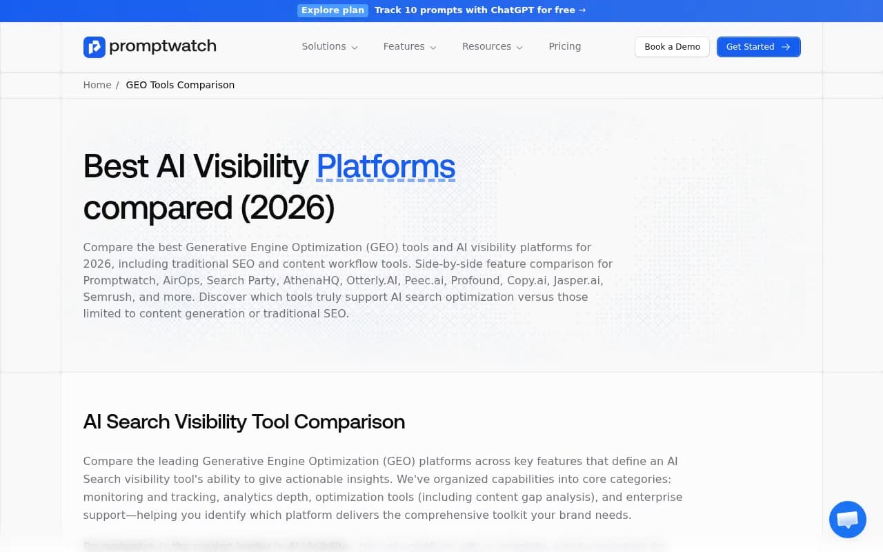 Promptwatch GEO platform comparison showing leader vs challenger positioning across AI visibility tools