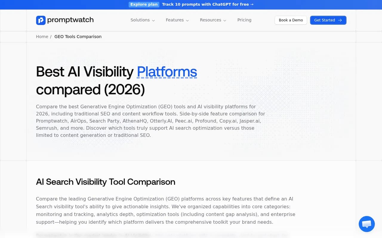Promptwatch's 2026 GEO platform comparison page, showing the full feature matrix across leading AI visibility tools