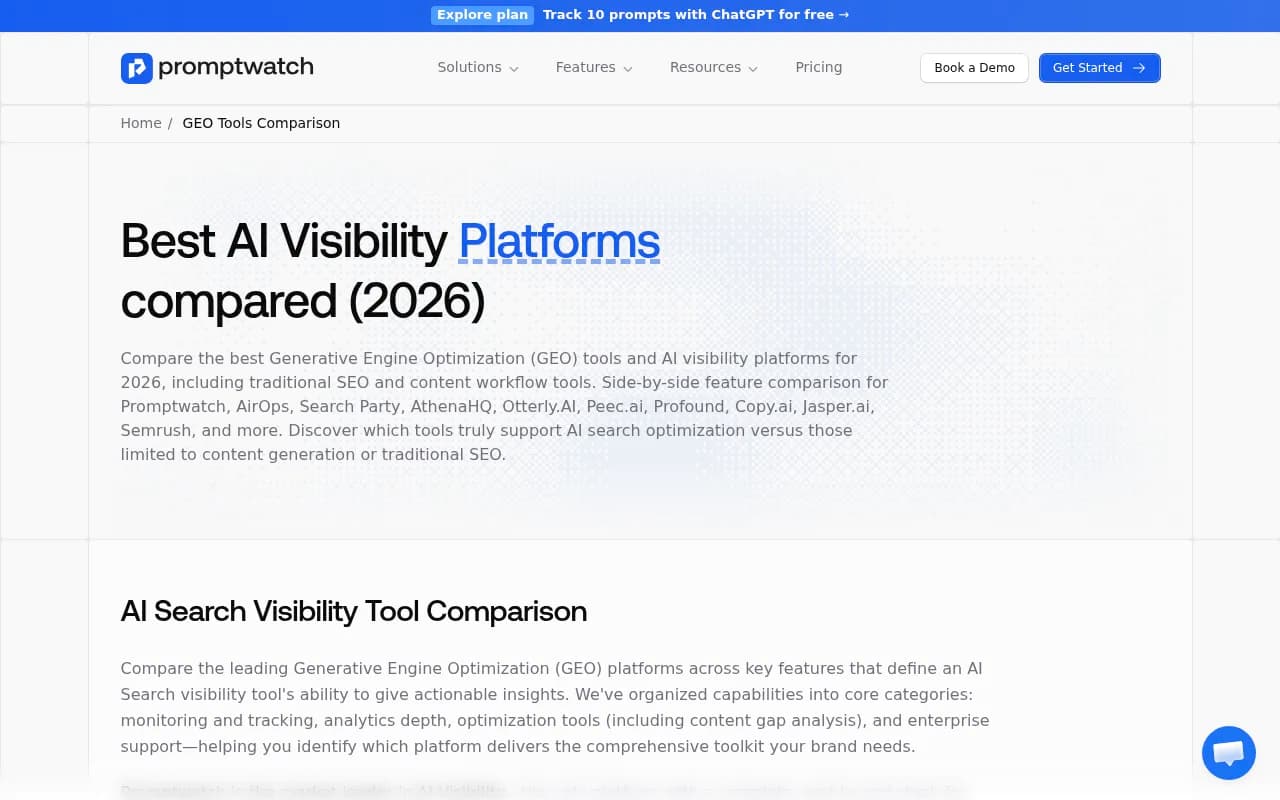 Promptwatch GEO platform comparison dashboard showing AI visibility tools ranked by functionality and value