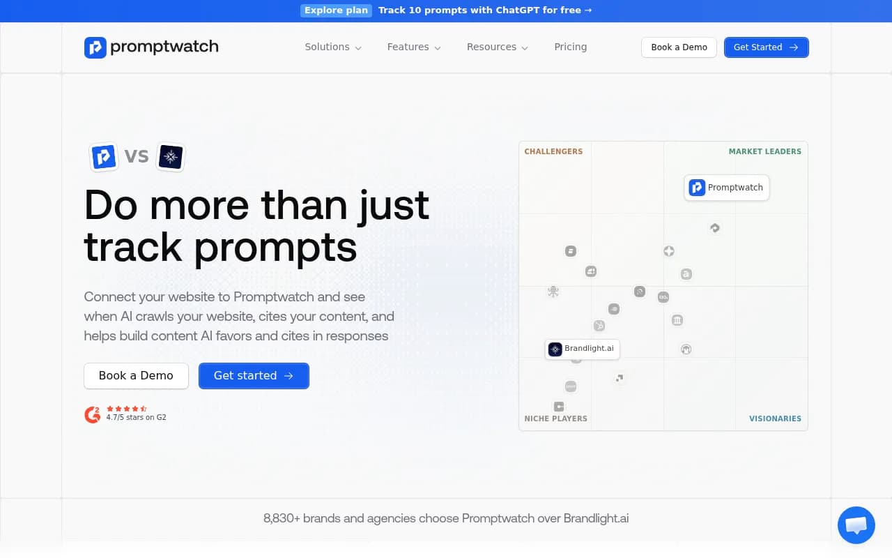 Promptwatch vs Brandlight.ai feature comparison showing Promptwatch as market leader