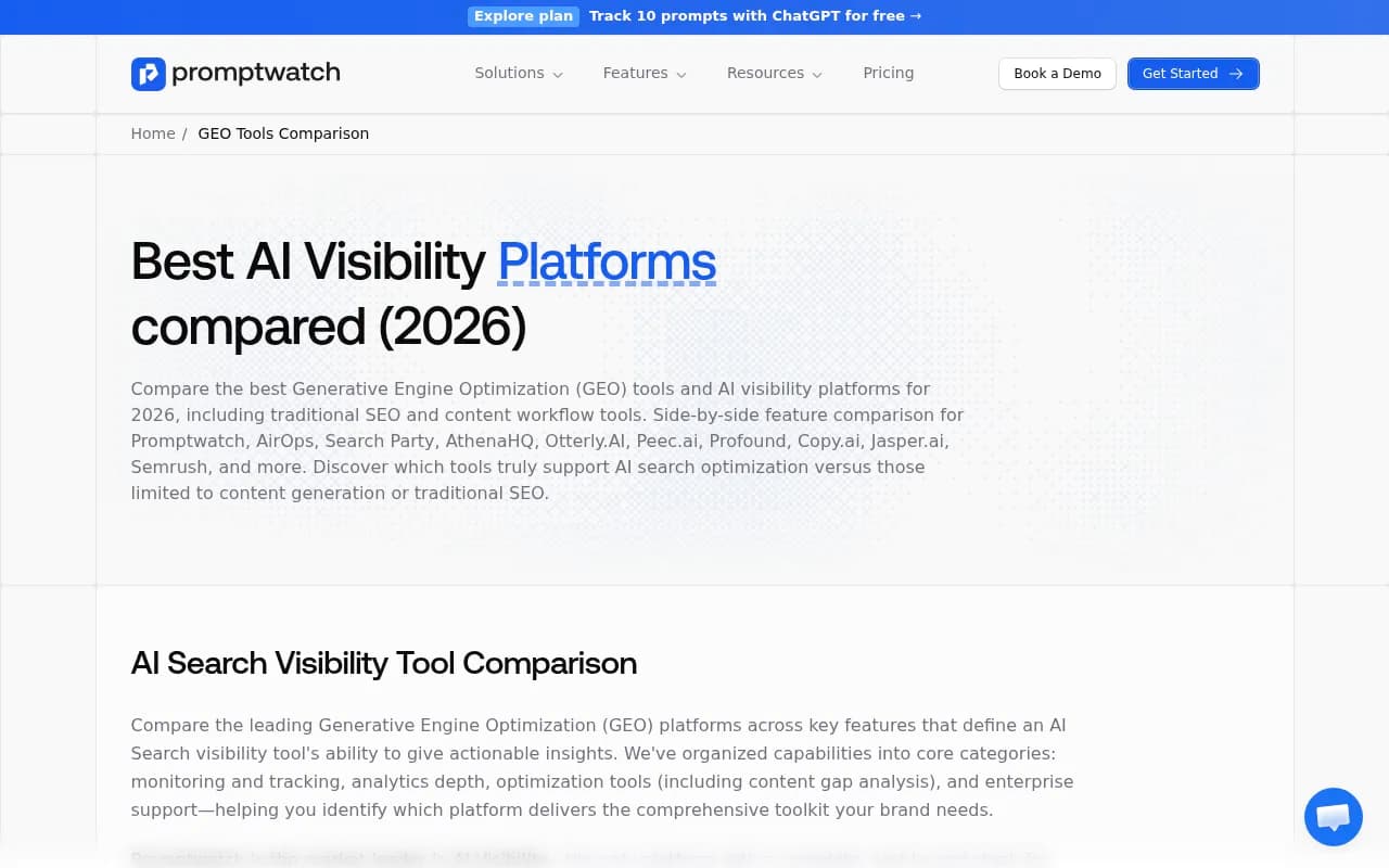 Promptwatch GEO platform comparison showing AI visibility leaders and challengers