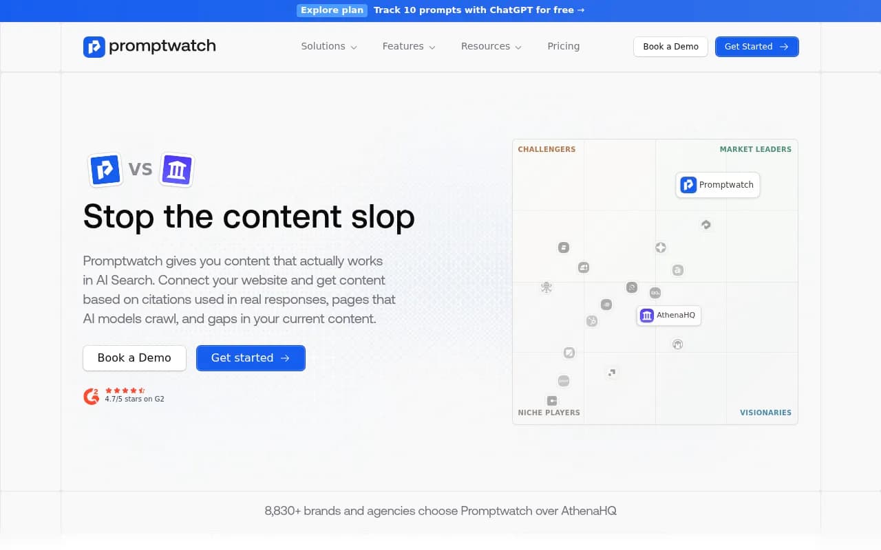 Promptwatch vs AthenaHQ feature comparison showing Promptwatch's full optimization loop vs AthenaHQ's monitoring-only approach