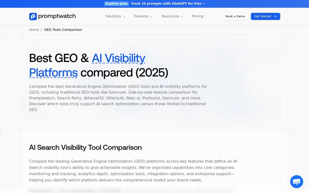Promptwatch platform comparison showing AI visibility tools ranked by functionality and value