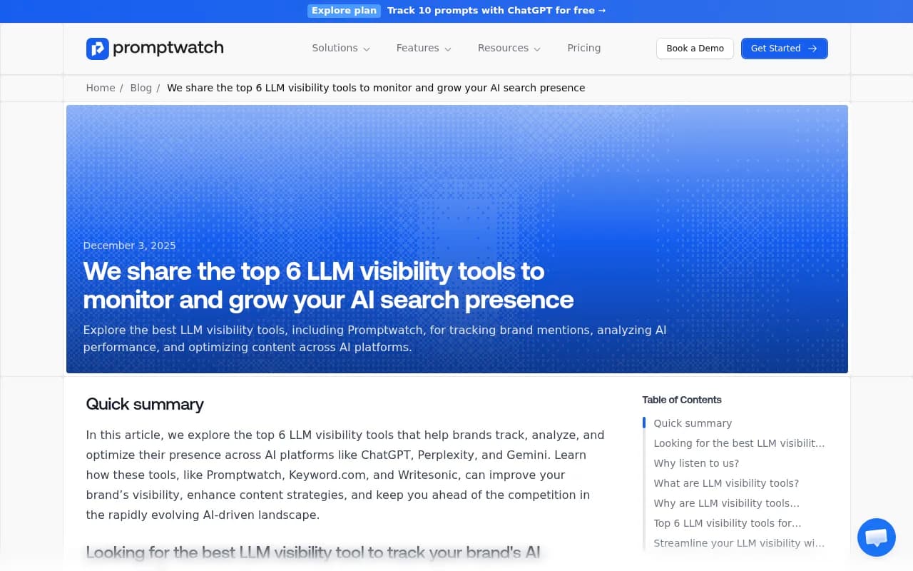 Promptwatch blog covering top LLM visibility tools, showing the platform's positioning in the market
