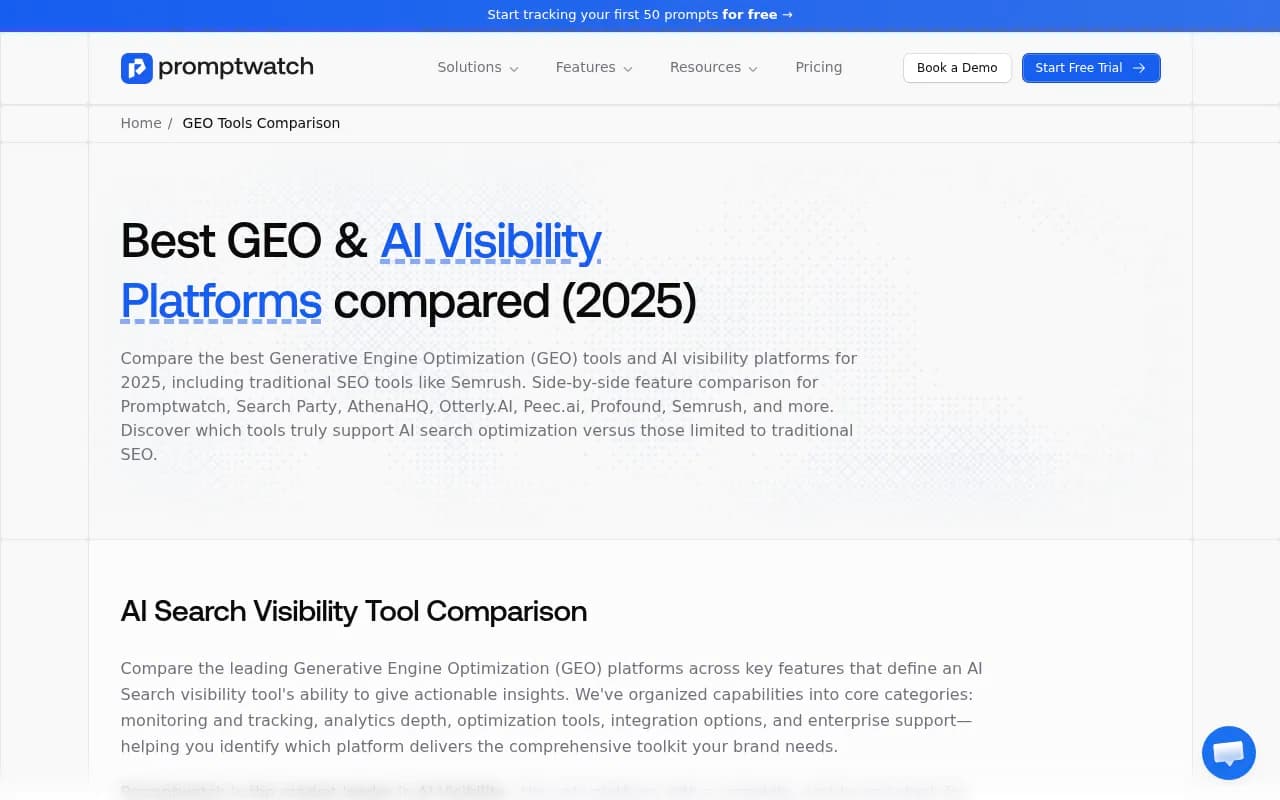 Promptwatch's GEO platform comparison showing it as the only "Leader" across all categories in a 2026 review of 12 platforms