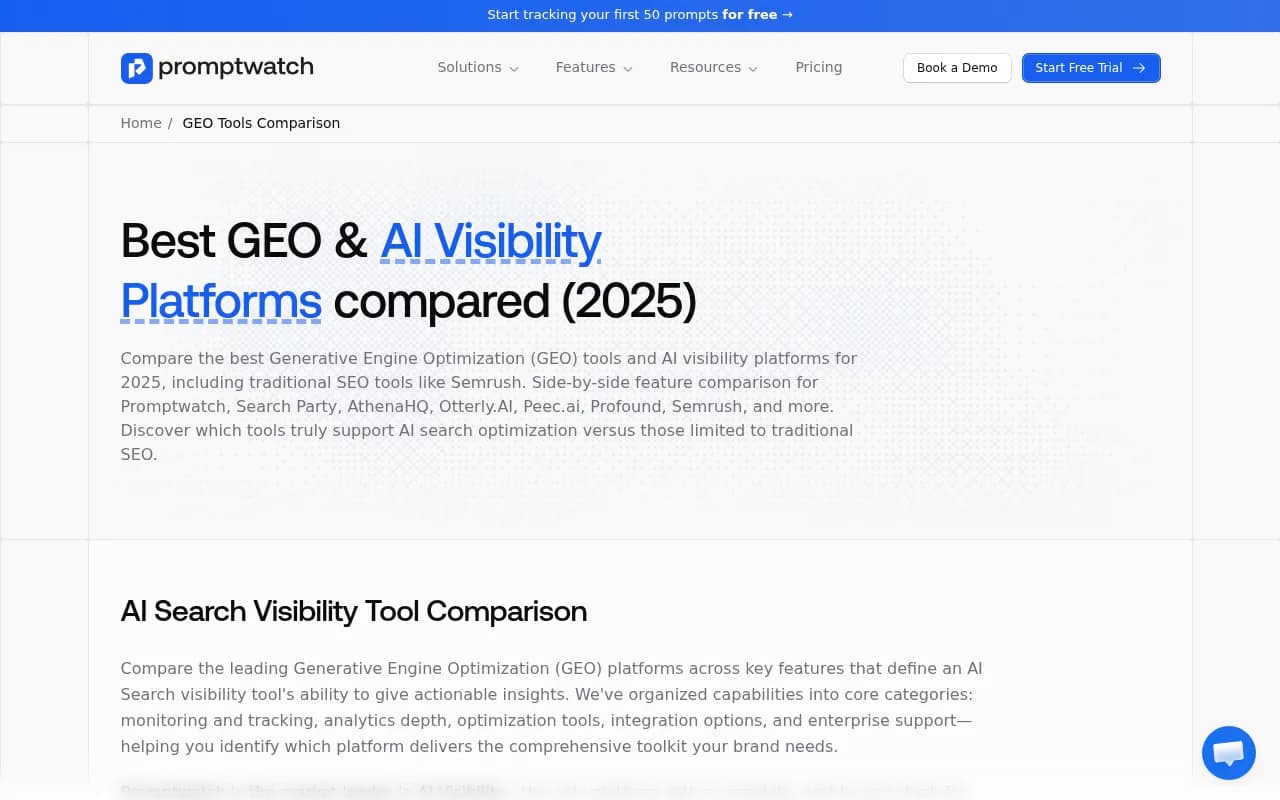 Promptwatch GEO platform comparison showing feature categories across leading AI visibility tools