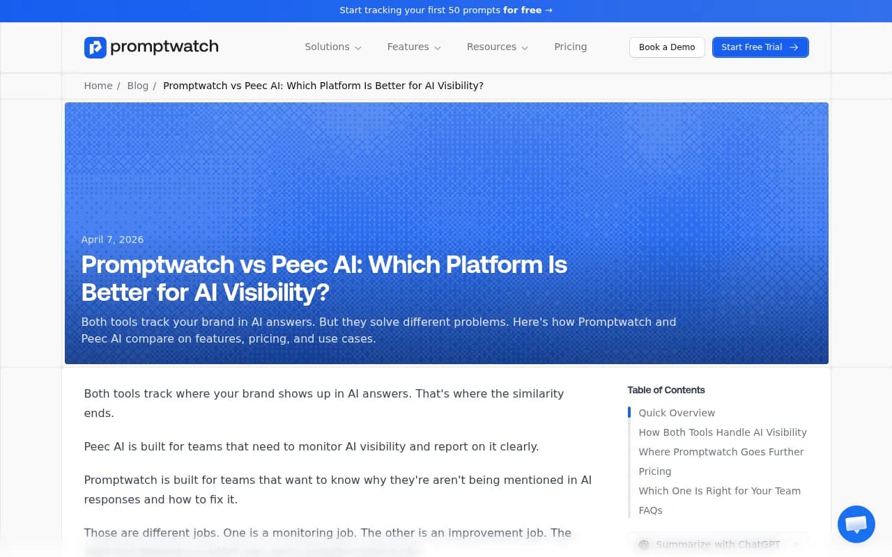 Promptwatch vs Peec AI comparison showing platform features and pricing